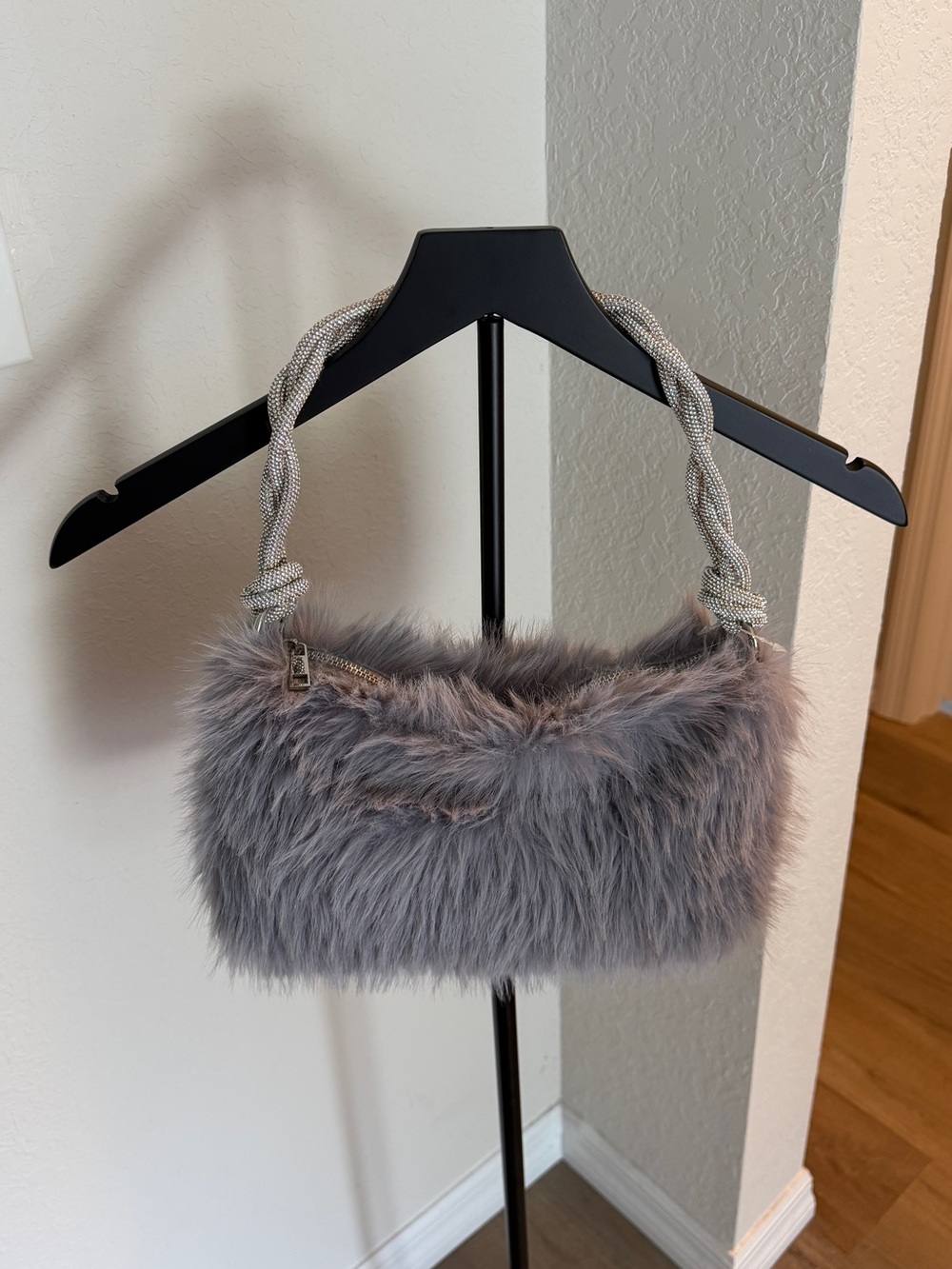 Faux Fur Shoulder Bag in Grey with Braided Rhinestone Rope Strap
